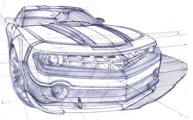 a black and white drawing of a car with a shadow on the ground