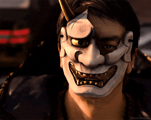 a close up of a man wearing a mask with horns and teeth with the words the cindercrow below him