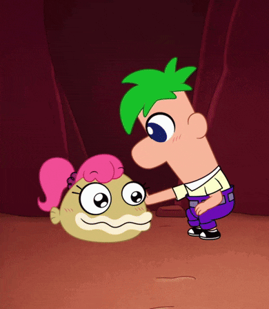 a cartoon character with green hair is touching a fish with pink hair