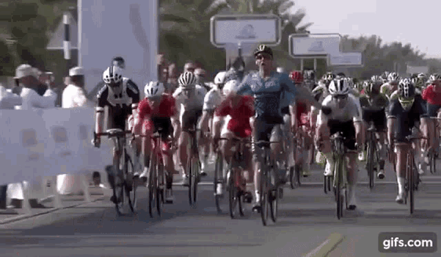 a group of cyclists are riding down a road .