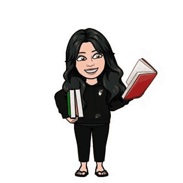 a cartoon of a woman holding a book in her hands .