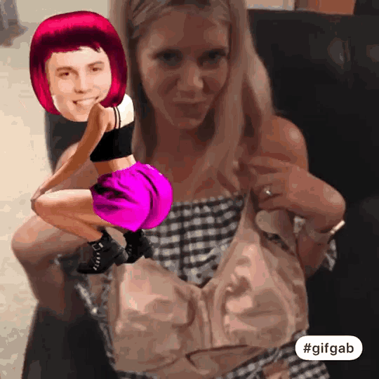 a gif of a woman with a man 's face on her chest