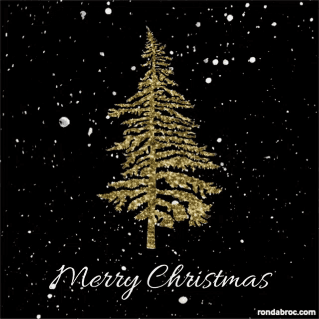 a merry christmas greeting card with a gold christmas tree on a black background