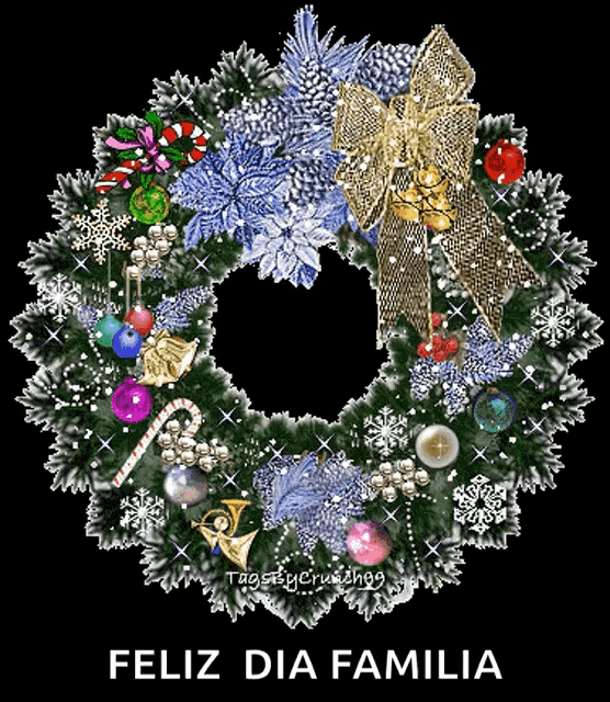 a christmas wreath with decorations and the words feliz dia familia below it