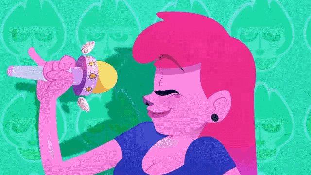 a cartoon of a woman singing into a microphone while wearing a bracelet with a monkey on it