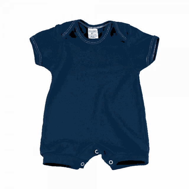 a blue baby onesie with white stitching and a label that says ' cotton ' on it