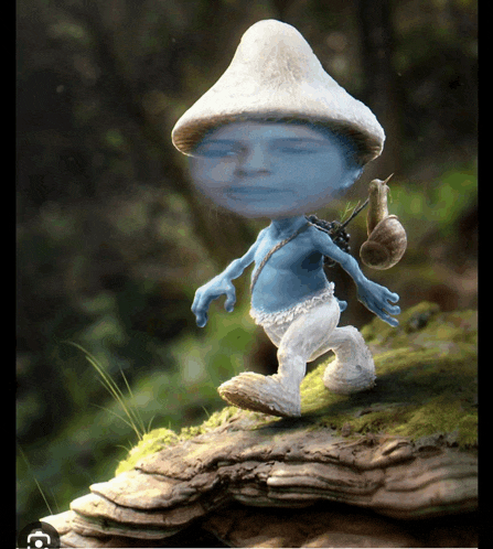 a smurf with a snail on his back walking on a mossy rock