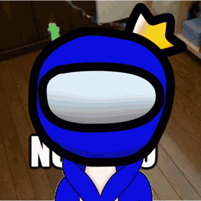 among us character wearing a blue helmet with a yellow star on top