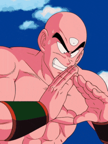 a cartoon character with a bald head and a green arm band