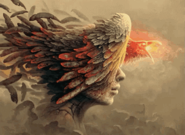a painting of a woman 's face with feathers coming out of it