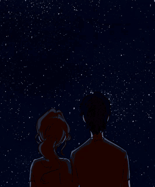 a man and a woman looking up at a starry sky