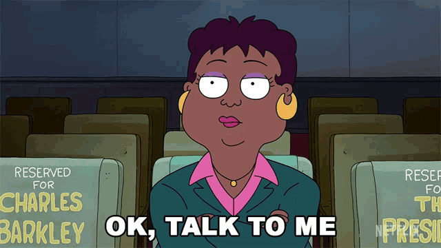 a cartoon woman says ok talk to me in front of reserved seats for charles barkley