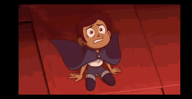 a cartoon character is sitting on a red tile floor with a scared look on his face .