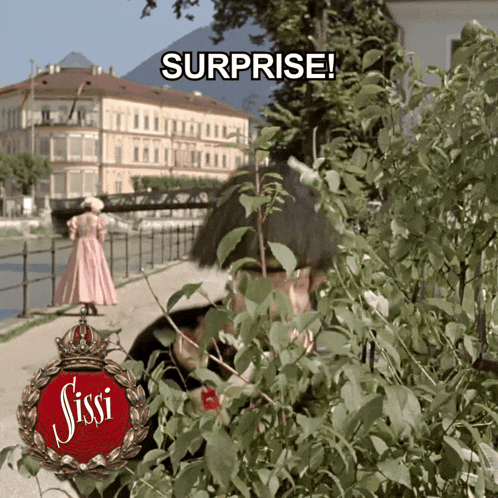 a surprise sign with a woman in a pink dress