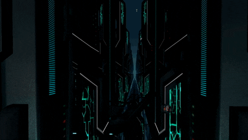 a computer generated image of a futuristic city with a few buildings and a few lights