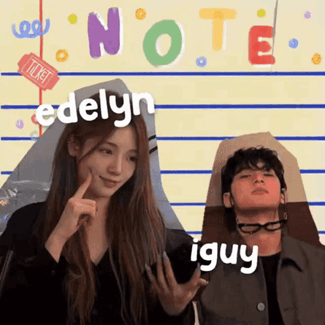 a man and a woman are standing next to each other with the word note behind them .