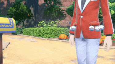 a man in a red jacket with balls on his sleeves is standing in front of a mailbox .