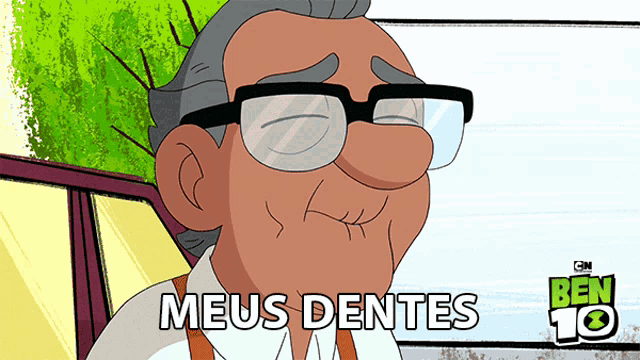 a cartoon of an old man with glasses and the words meus dentes