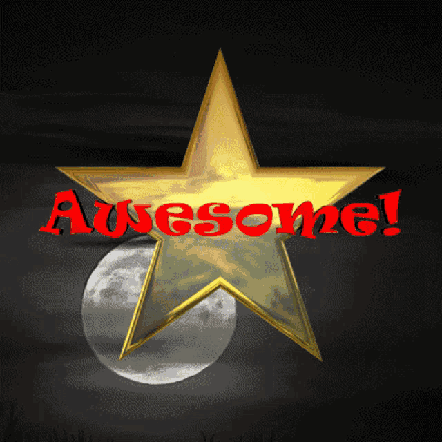 a gold star with awesome written in red on a black background