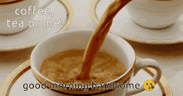 a cup of coffee is being poured into a saucer with the words coffee tea or me below it