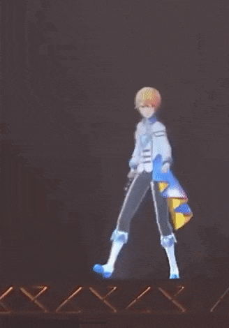 a person is dancing on a stage with triangles in the background .