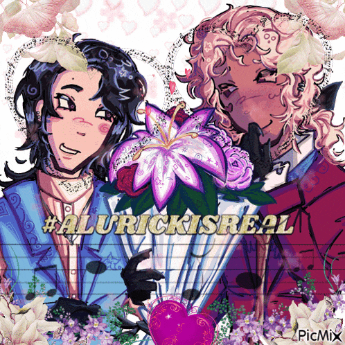 a drawing of a man holding a bouquet of purple flowers with the words #alurickisreal on the bottom