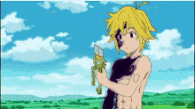 a shirtless anime character holding a sword and a frog