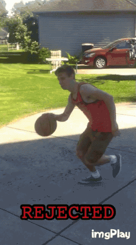 a man dribbles a basketball on a sidewalk with the word rejected written below him