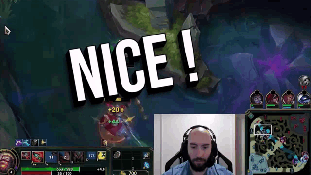 a man wearing headphones is playing a video game with the words nice in the background