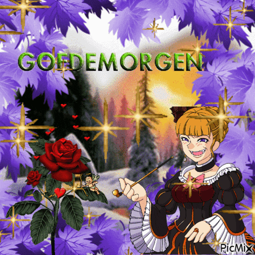 a picture of a woman holding a wand with the words goedemorgen written above her