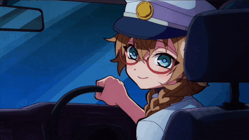 a girl with glasses and a hat is driving a car at night