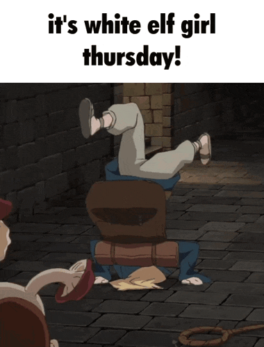 a cartoon character is upside down and says it 's white elf girl thursday !