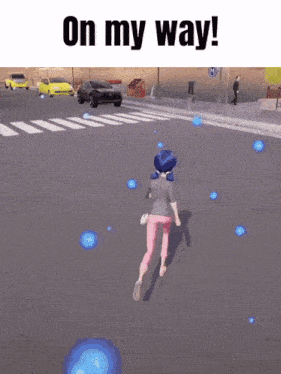 a cartoon girl is running across a street with the words " on my way " written above her