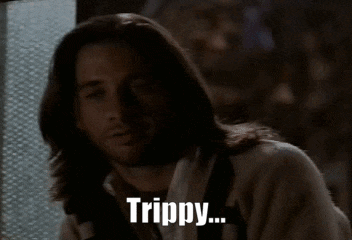 a man with long hair says trippy while looking out a window