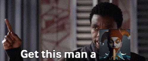 a man with a picture of a jester and the words " get this man a " on the bottom