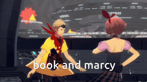 a man and a woman are dancing with the words book and marcy written on the bottom