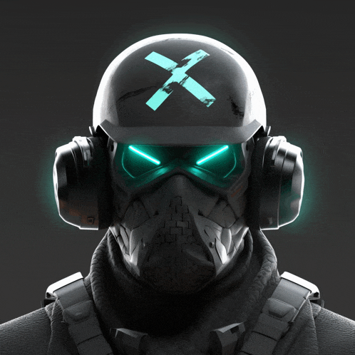 a futuristic soldier wearing headphones and a helmet with a blue x on it