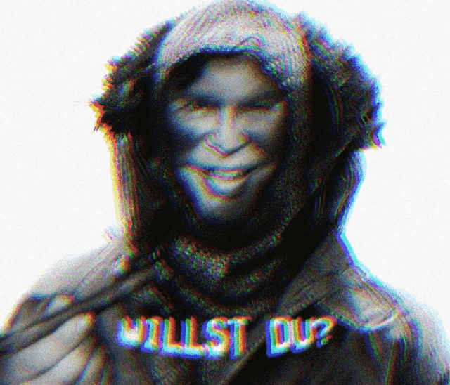 a man in a hooded jacket with the words willst du written on it