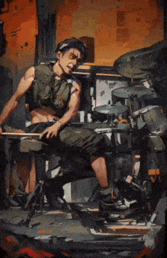 a man in a military uniform sits at a table with drums in the background