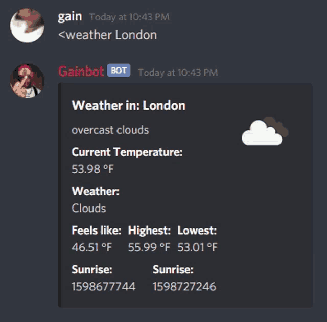 a screenshot of a chat with gainbot showing the current weather in london
