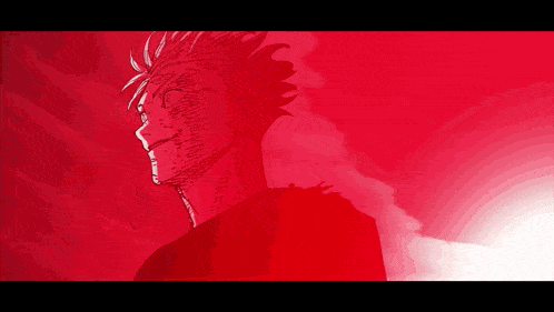a red background with a drawing of a person in the foreground