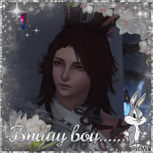 a picture of a girl with the words bunny boy written on it
