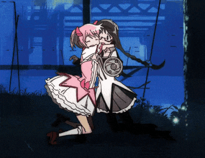 two anime girls hugging each other in a dark forest