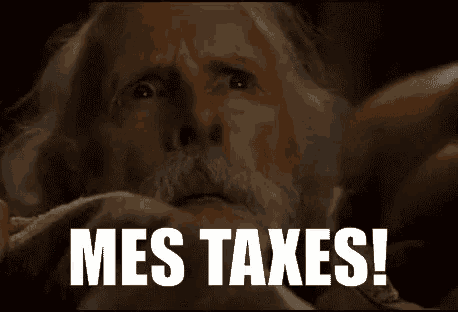 a man with a beard says mes taxes in front of him