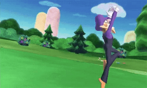a cartoon character in a purple hat is jumping in the air in a park