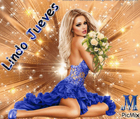 a woman in a blue dress is kneeling down holding a bouquet of flowers with the words lindo jueves written above her