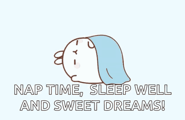 a cartoon of a bird sleeping under a blue blanket with the words `` nap time , sleep well and sweet dreams '' .
