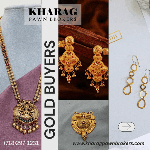 an advertisement for kharag pawn brokers shows gold jewelry