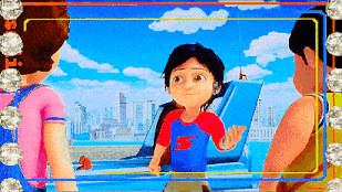 a boy in a blue shirt with a s on it is talking to a woman and a girl .