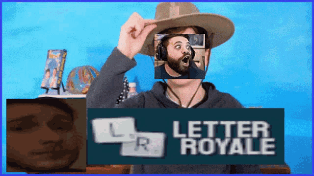 a man wearing a hat with a picture of a man on it and the words letter royale